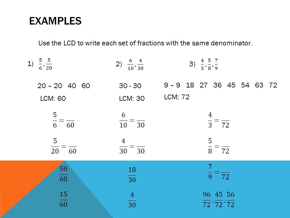 Use the LCD to write each set of fractions with the same denominator.