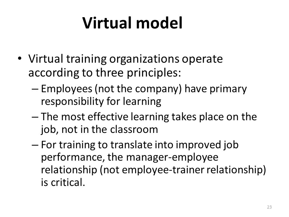 Virtual model Virtual training organizations operate according to three principles: