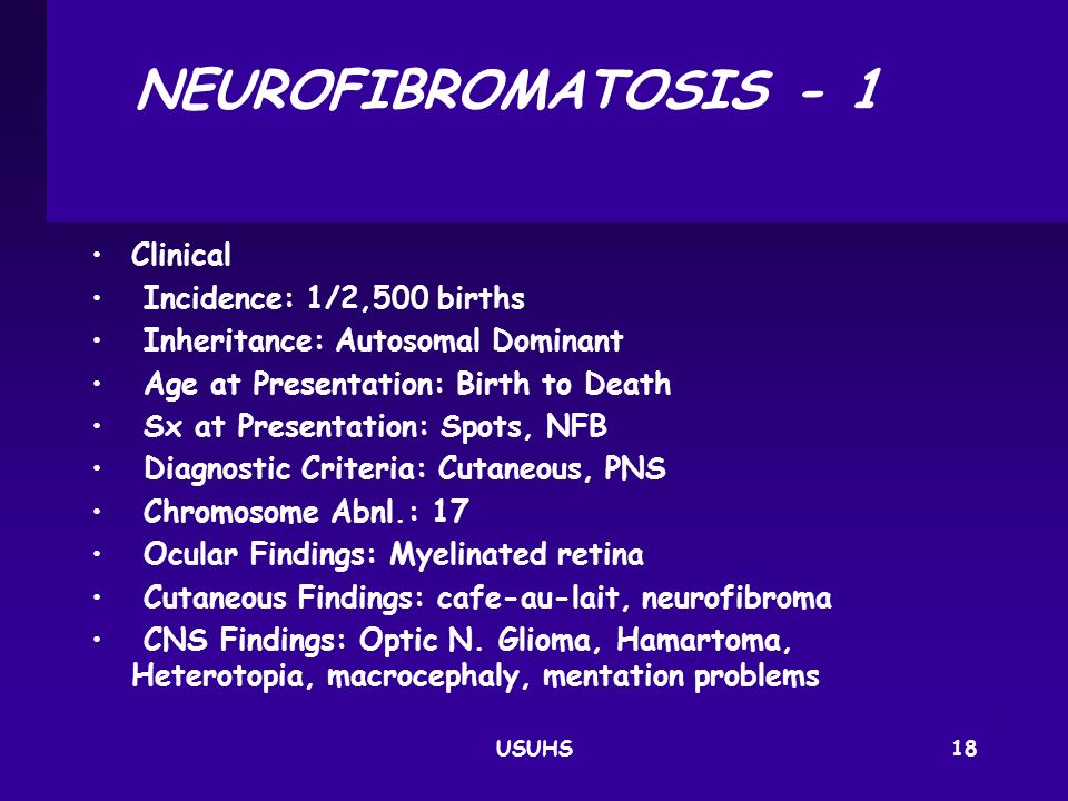 NEUROFIBROMATOSIS ‑ 1 Clinical Incidence: 1/2,500 births