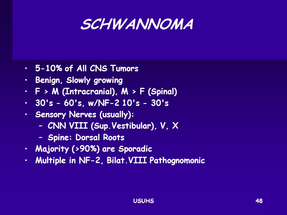 SCHWANNOMA 5‑10% of All CNS Tumors Benign, Slowly growing