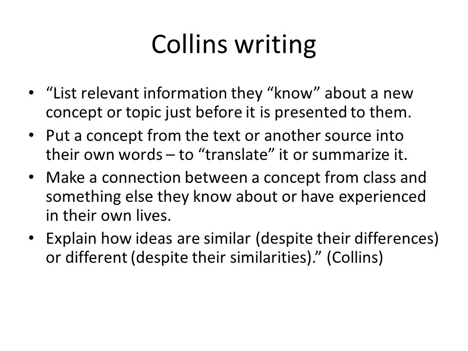 Collins writing List relevant information they know about a new concept or topic just before it is presented to them.