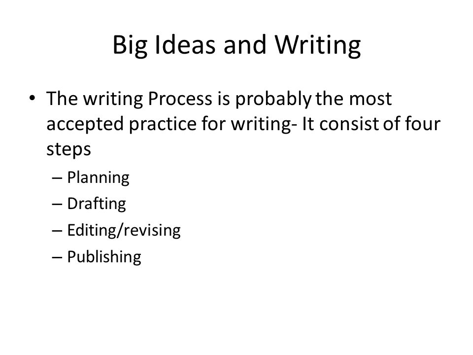 Big Ideas and Writing The writing Process is probably the most accepted practice for writing- It consist of four steps.