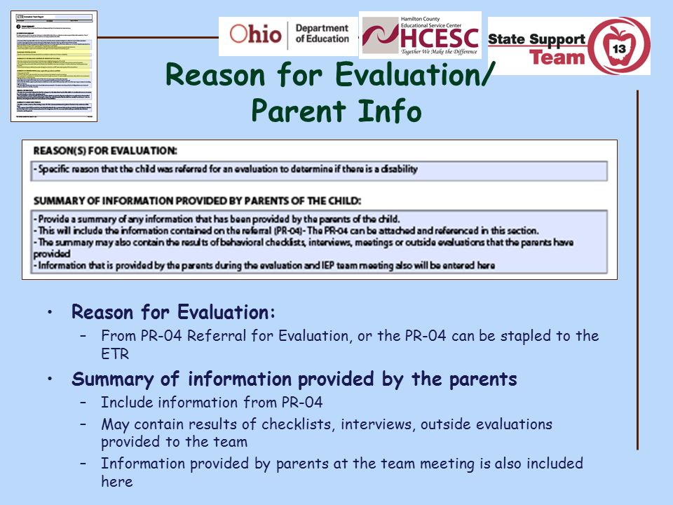 Reason for Evaluation/ Parent Info