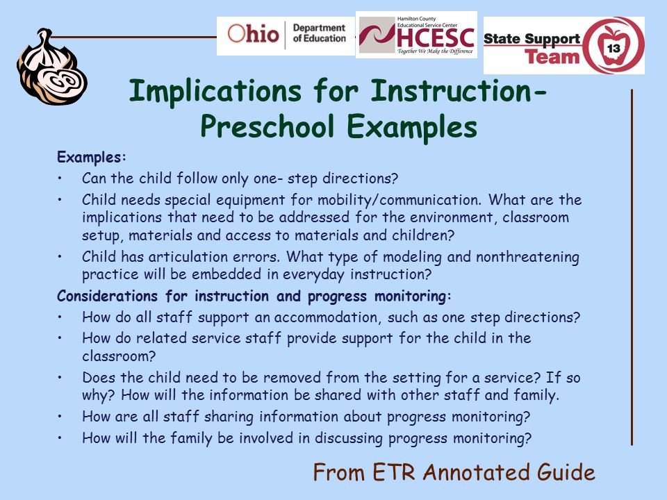 Implications for Instruction- Preschool Examples