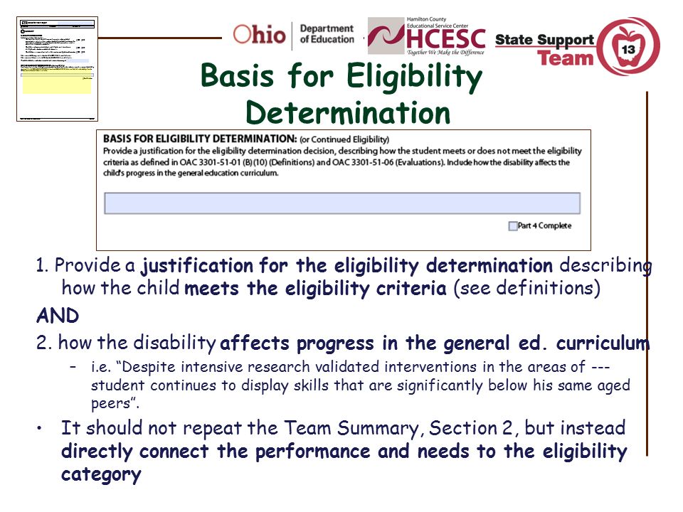 Basis for Eligibility Determination
