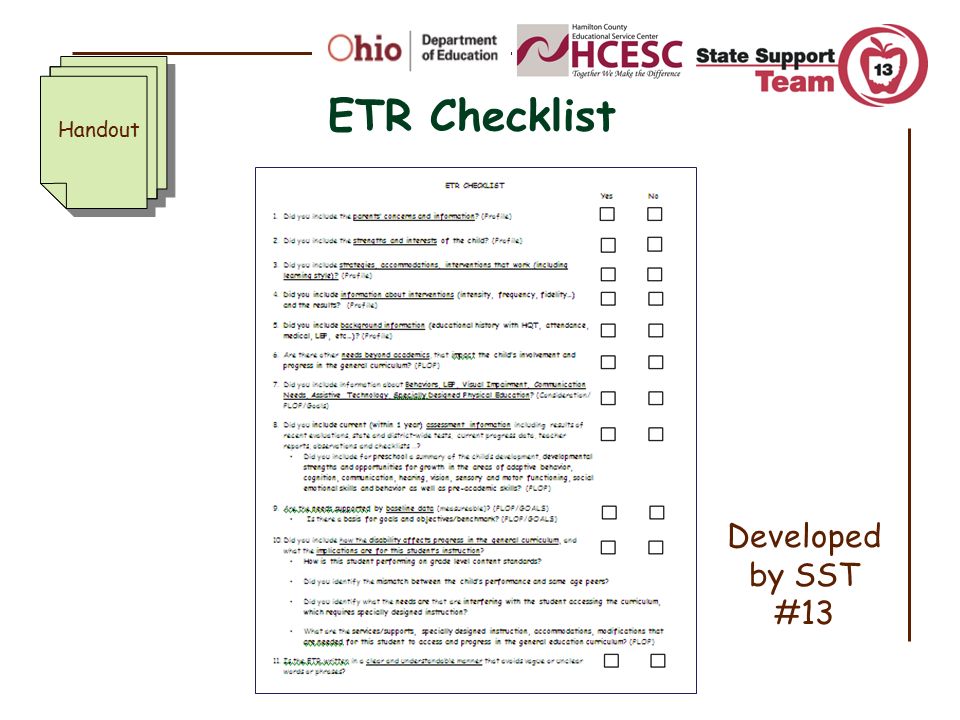 ETR Checklist Handout Developed by SST #13