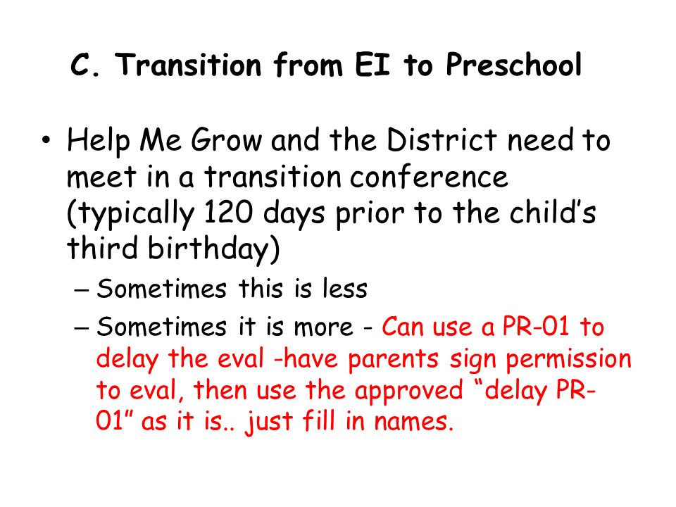C. Transition from EI to Preschool