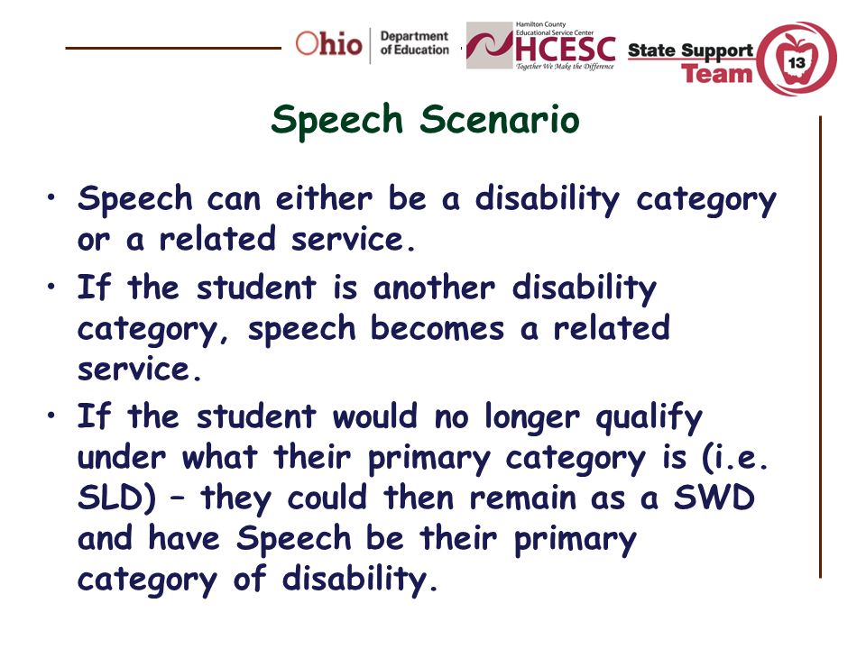 Speech Scenario Speech can either be a disability category or a related service.