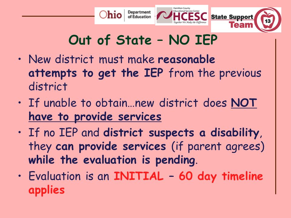 Out of State – NO IEP New district must make reasonable attempts to get the IEP from the previous district.