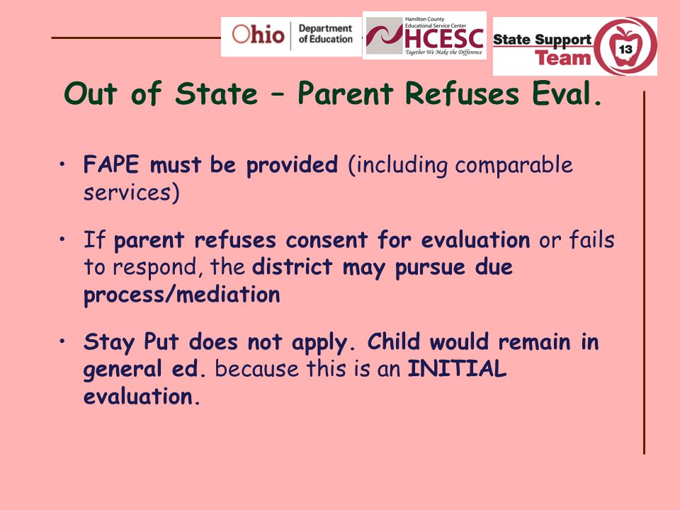 Out of State – Parent Refuses Eval.