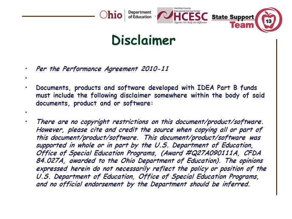 Disclaimer Per the Performance Agreement
