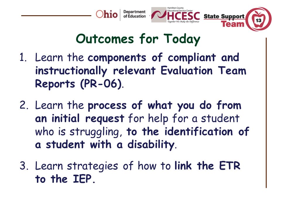 Outcomes for Today Learn the components of compliant and instructionally relevant Evaluation Team Reports (PR-06).