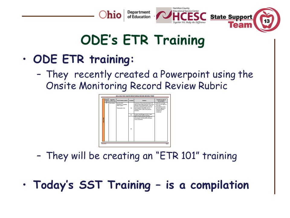 ODE’s ETR Training ODE ETR training: