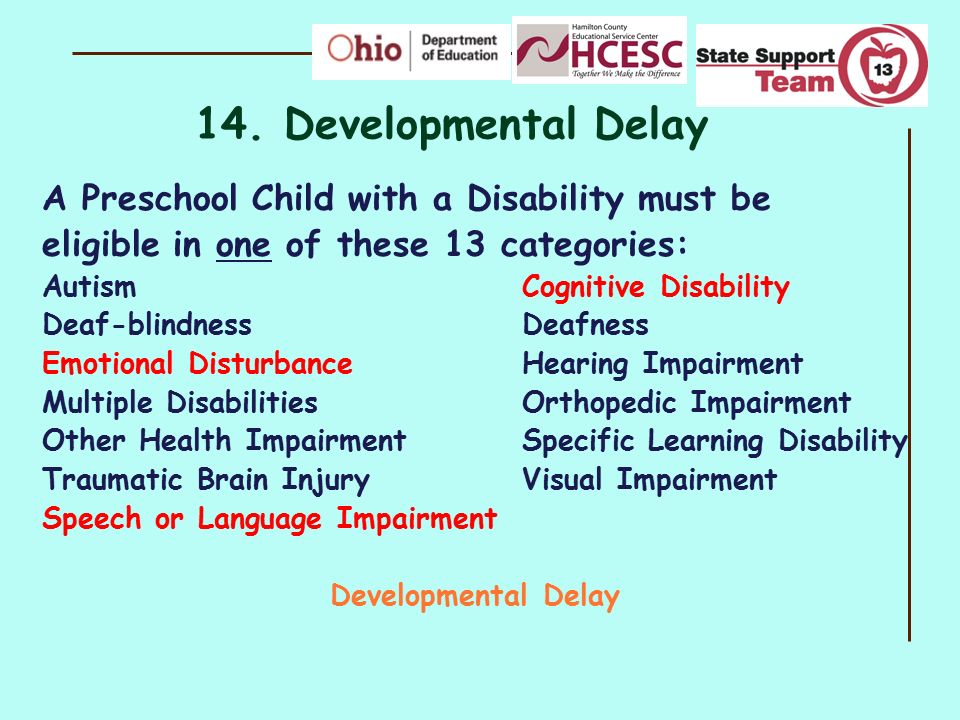 14. Developmental Delay A Preschool Child with a Disability must be