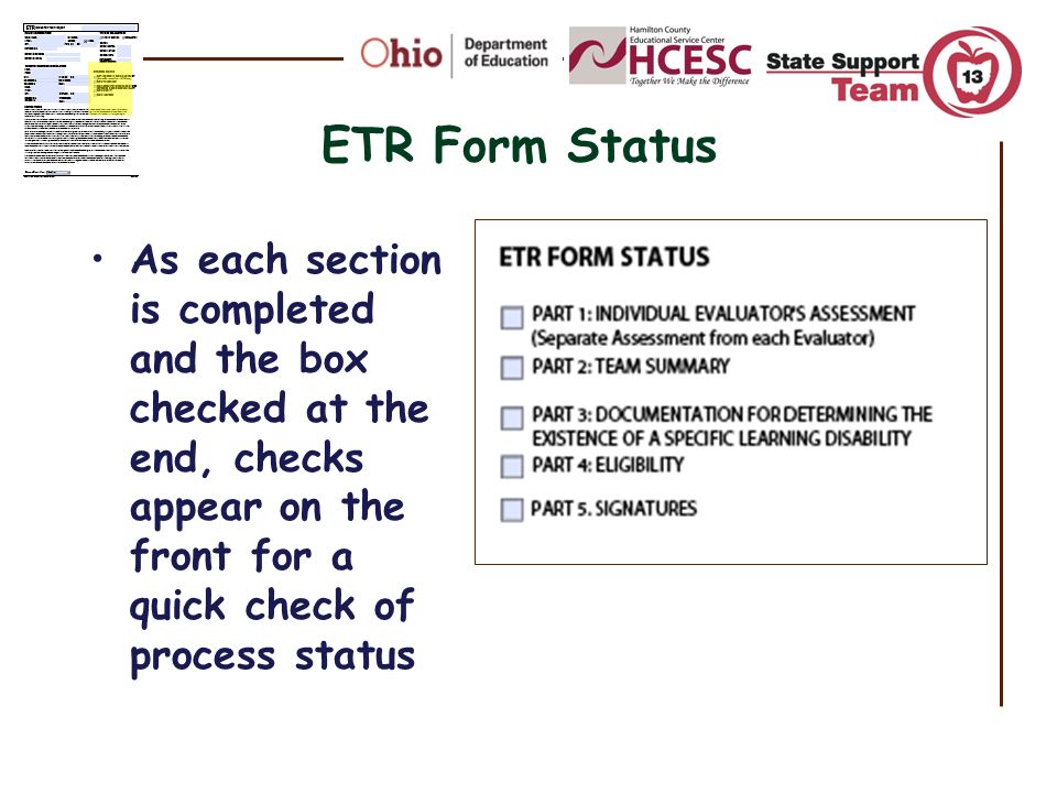 ETR Form Status As each section is completed and the box checked at the end, checks appear on the front for a quick check of process status.