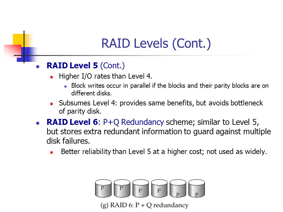 RAID Levels (Cont.) RAID Level 5 (Cont.)