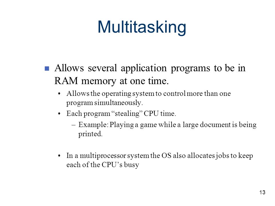 Multitasking Allows several application programs to be in RAM memory at one time.