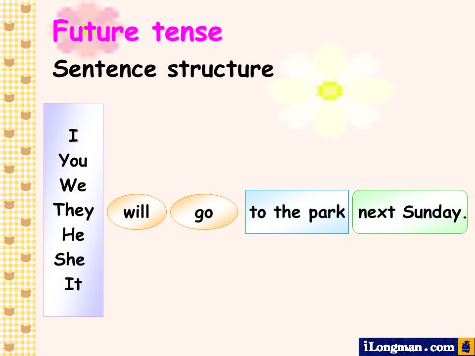 Future tense Sentence structure I You We They He She It go to the park