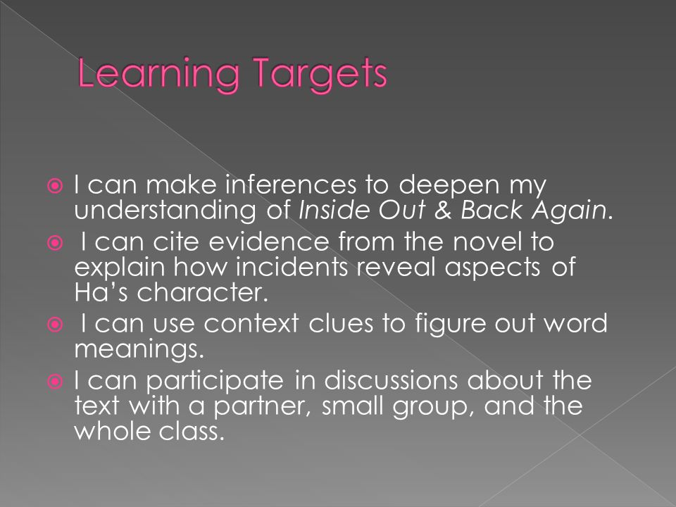 Learning Targets I can make inferences to deepen my understanding of Inside Out & Back Again.