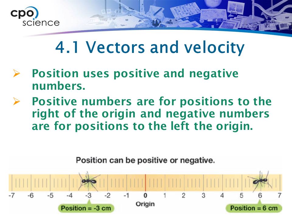 4.1 Vectors and velocity Position uses positive and negative numbers.