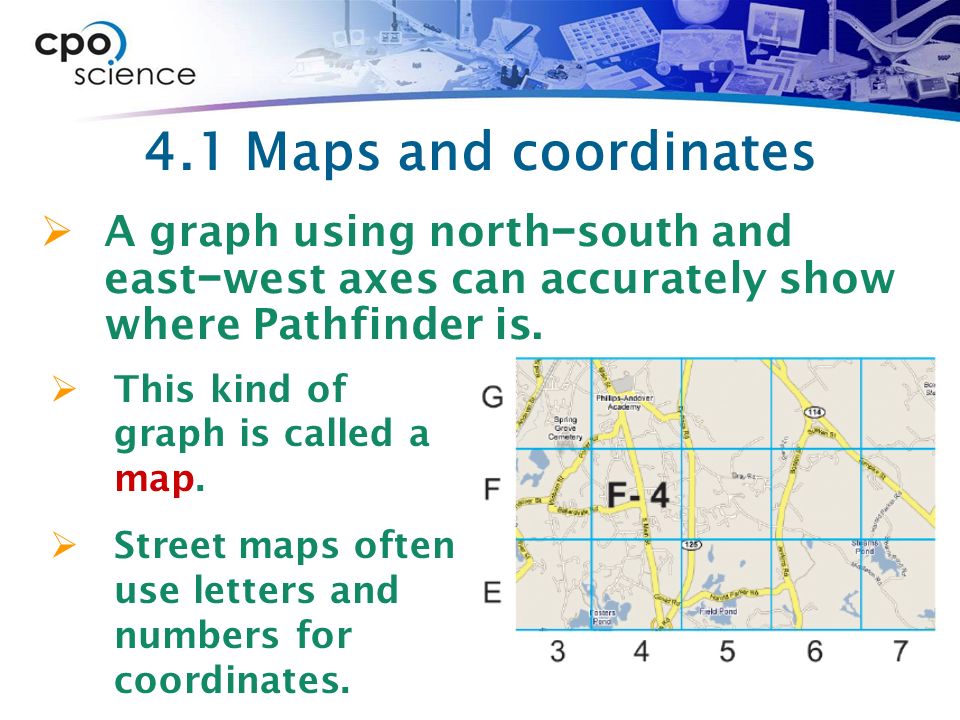 4.1 Maps and coordinates A graph using north−south and east−west axes can accurately show where Pathfinder is.