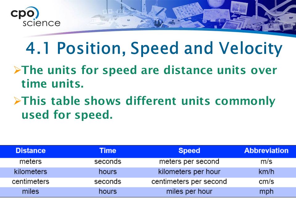4.1 Position, Speed and Velocity