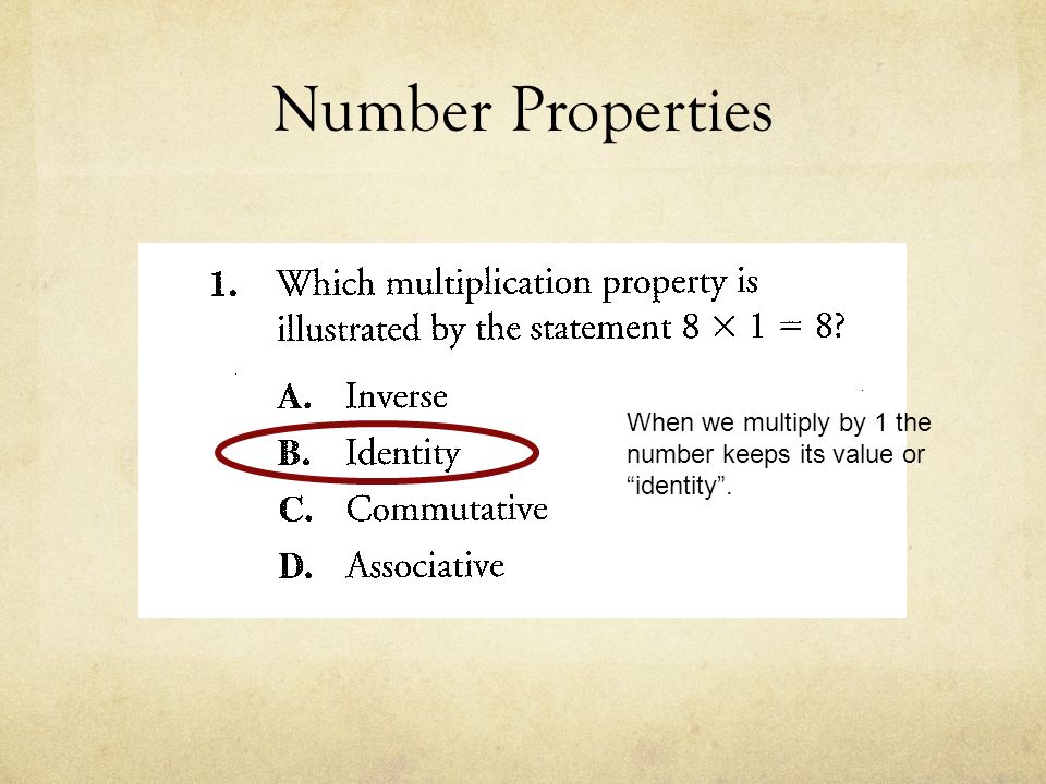 Number Properties When we multiply by 1 the number keeps its value or identity .