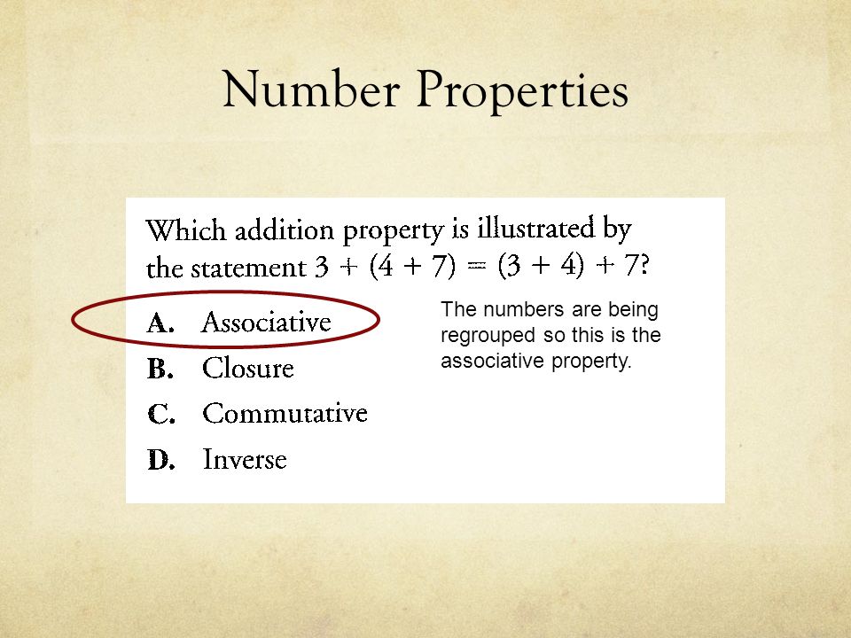 Number Properties The numbers are being regrouped so this is the associative property.