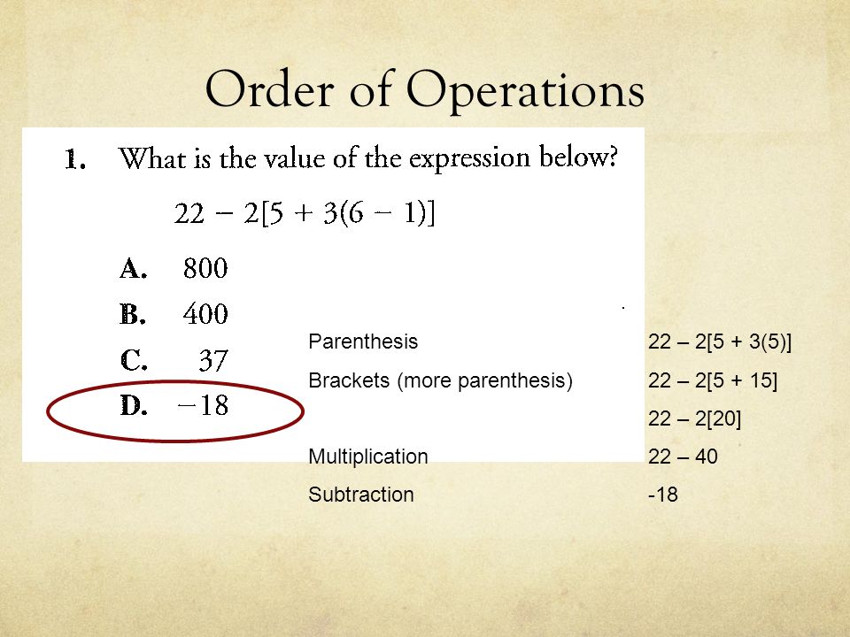 Order of Operations Parenthesis 22 – 2[5 + 3(5)]