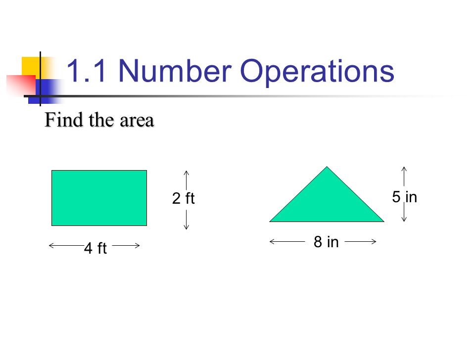1.1 Number Operations Find the area 8 in 5 in 4 ft 2 ft
