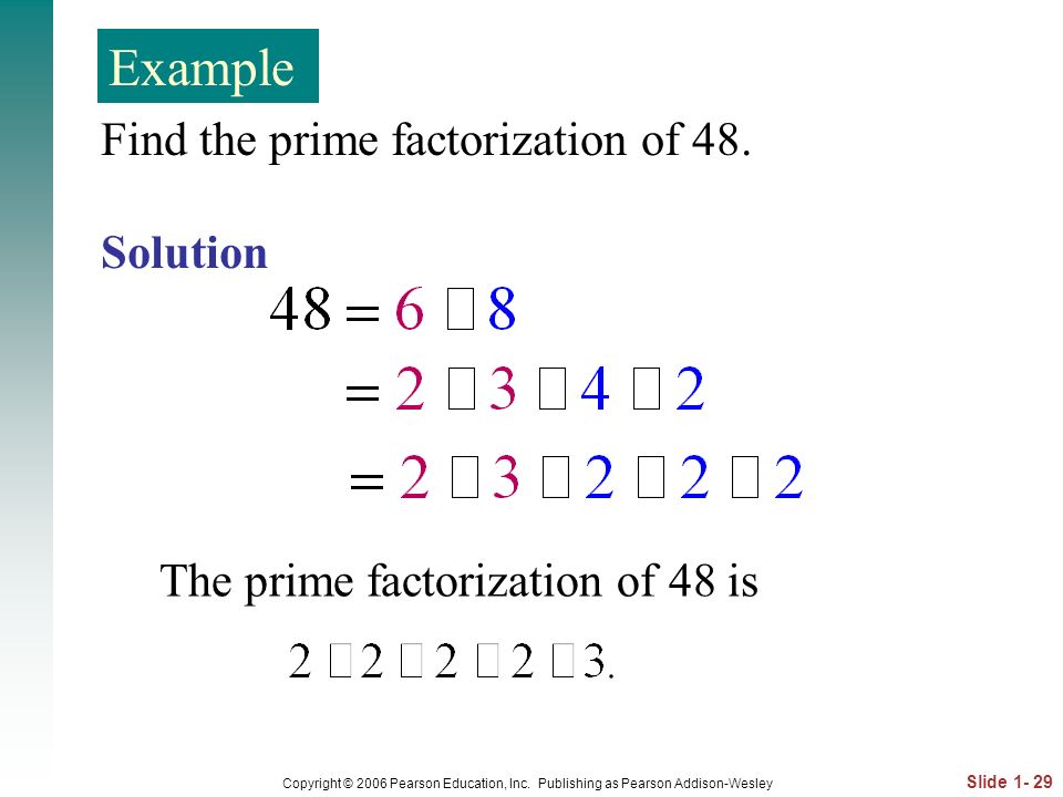 Example Find the prime factorization of 48. Solution