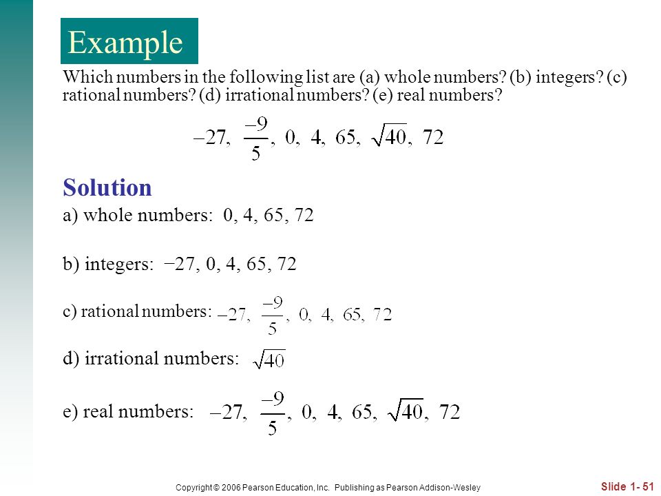 Example Example Solution a) whole numbers: 0, 4, 65, 72