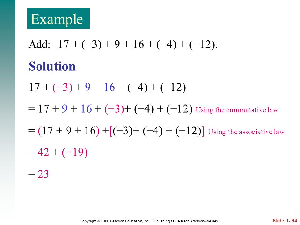Example Solution Add: 17 + (−3) (−4) + (−12).
