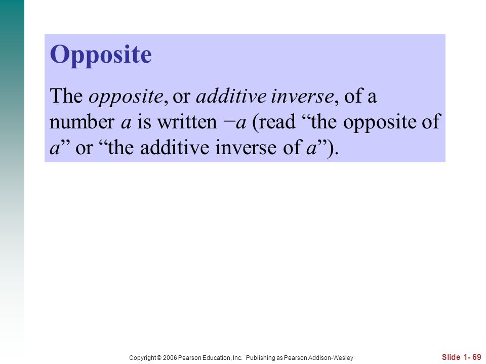Opposite The opposite, or additive inverse, of a number a is written −a (read the opposite of a or the additive inverse of a ).