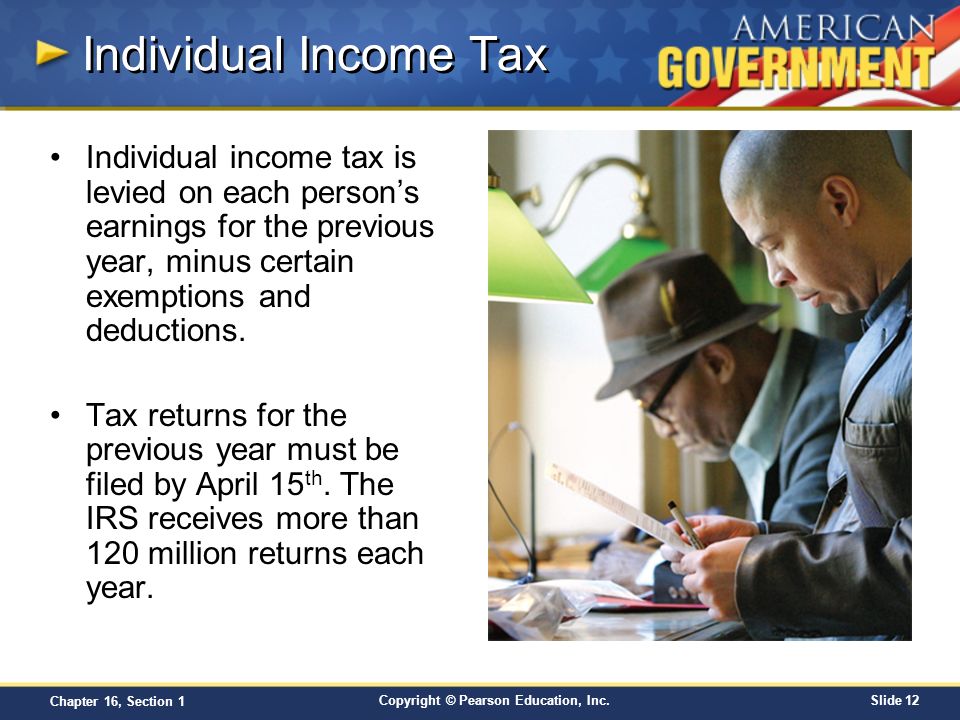 Individual Income Tax Individual income tax is levied on each person’s earnings for the previous year, minus certain exemptions and deductions.