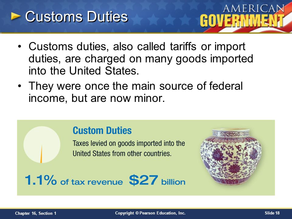Customs Duties Customs duties, also called tariffs or import duties, are charged on many goods imported into the United States.