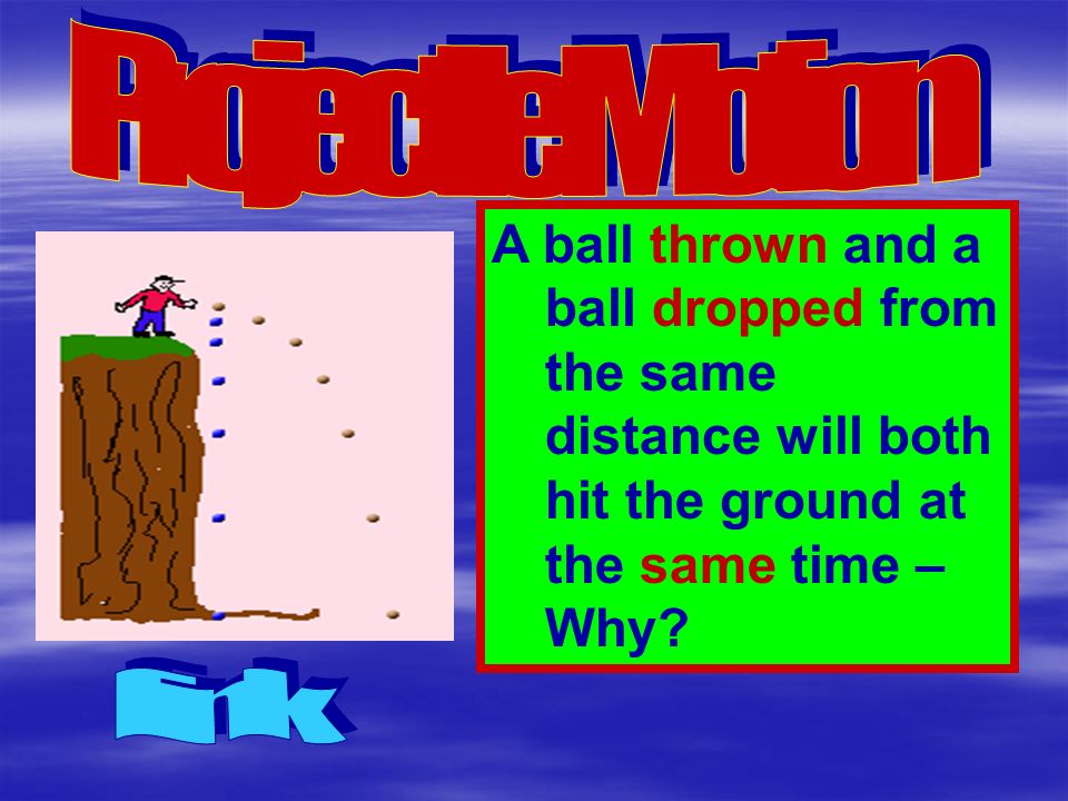 Projectile Motion A ball thrown and a ball dropped from the same distance will both hit the ground at the same time – Why
