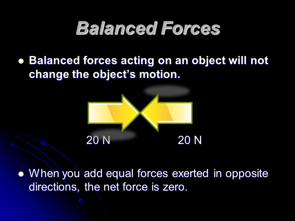 Balanced Forces Balanced forces acting on an object will not change the object’s motion. 20 N 20 N.