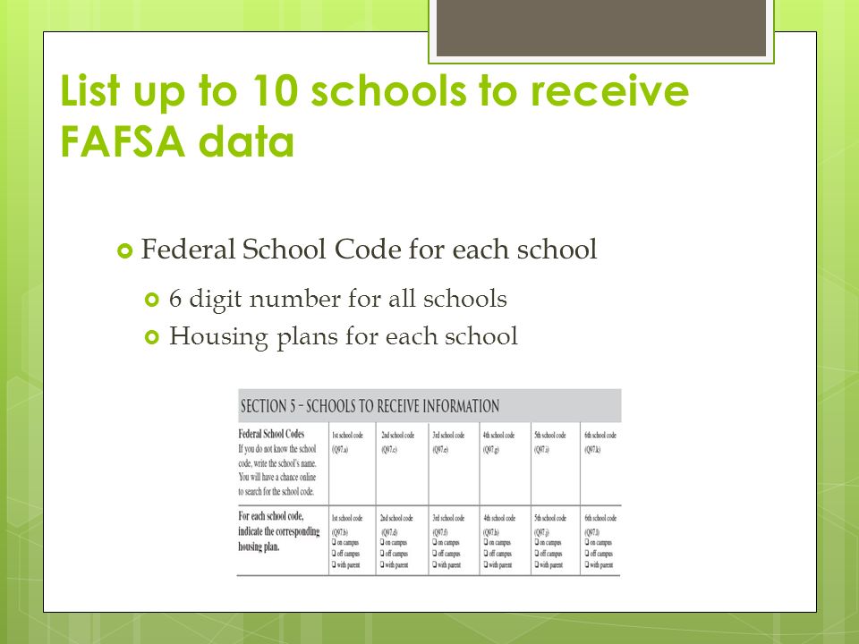 List up to 10 schools to receive FAFSA data