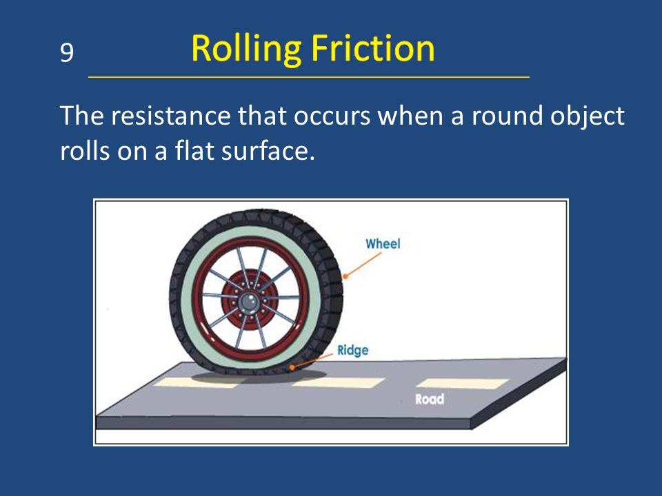 Rolling Friction 9 The resistance that occurs when a round object rolls on a flat surface.