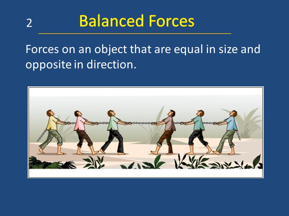 Balanced Forces 2 Forces on an object that are equal in size and opposite in direction.
