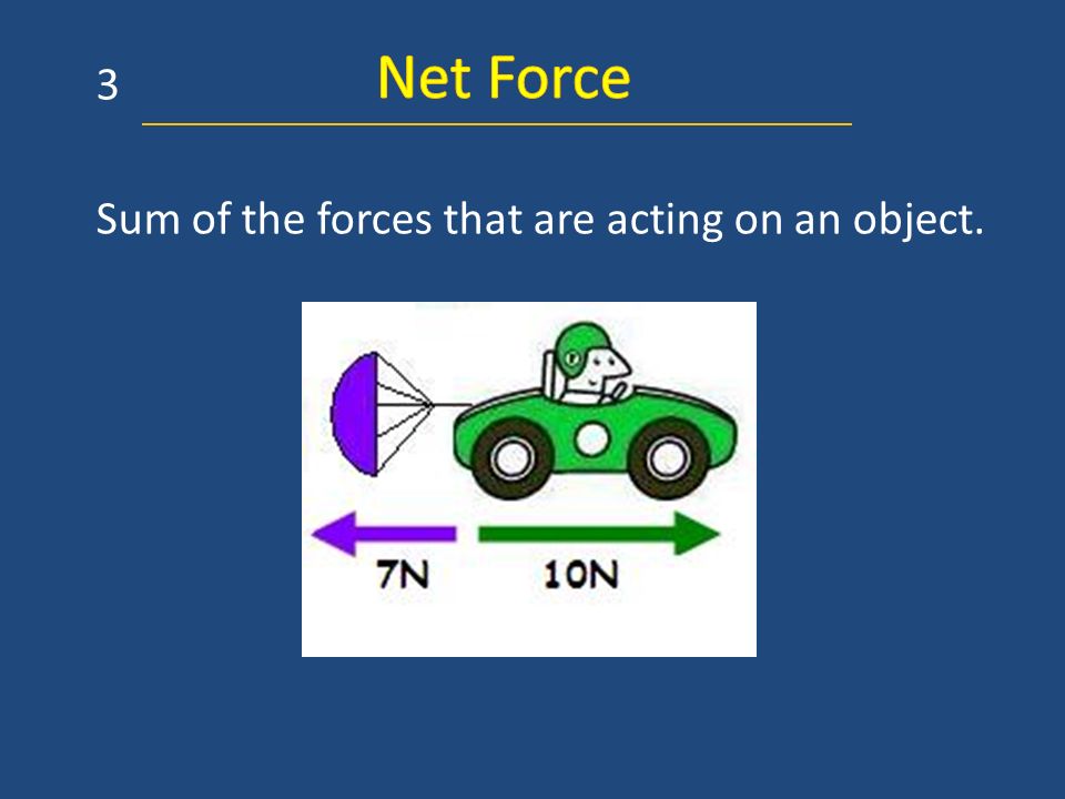 Net Force 3 Sum of the forces that are acting on an object.