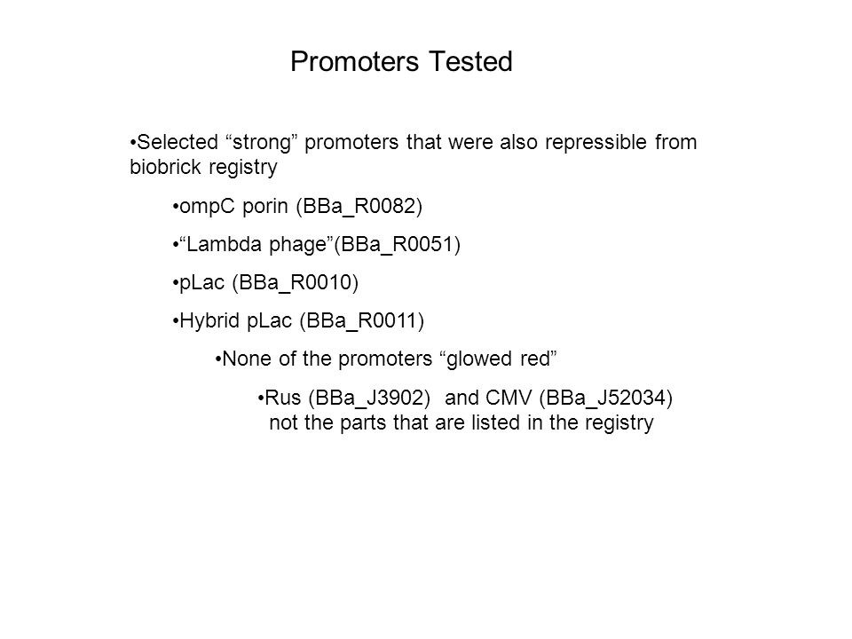 Promoters Tested Selected strong promoters that were also repressible from biobrick registry. ompC porin (BBa_R0082)