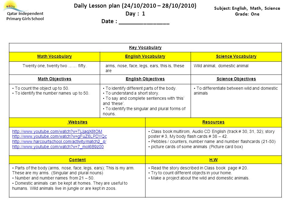 Daily Lesson plan (24/10/2010 – 28/10/2010) Day : 1 - ppt video online  download