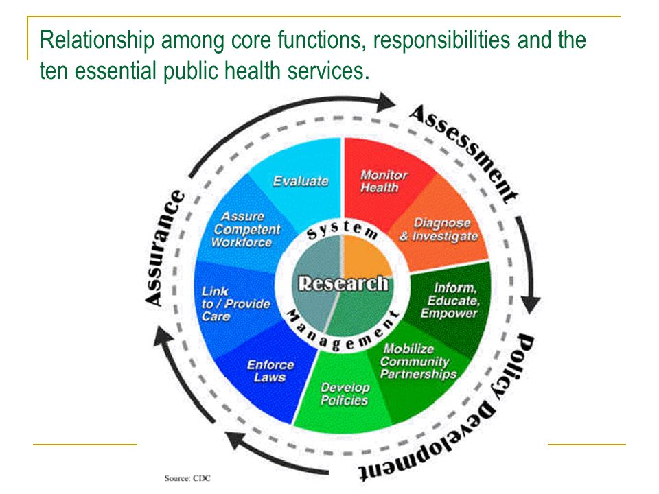 Relationship among core functions, responsibilities and the ten essential public health services.