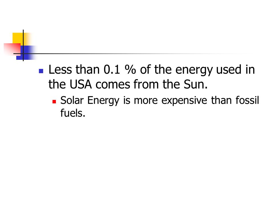 Less than 0.1 % of the energy used in the USA comes from the Sun.