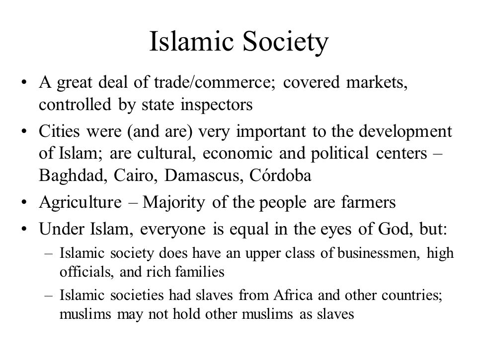 Islamic Society A great deal of trade/commerce; covered markets, controlled by state inspectors.