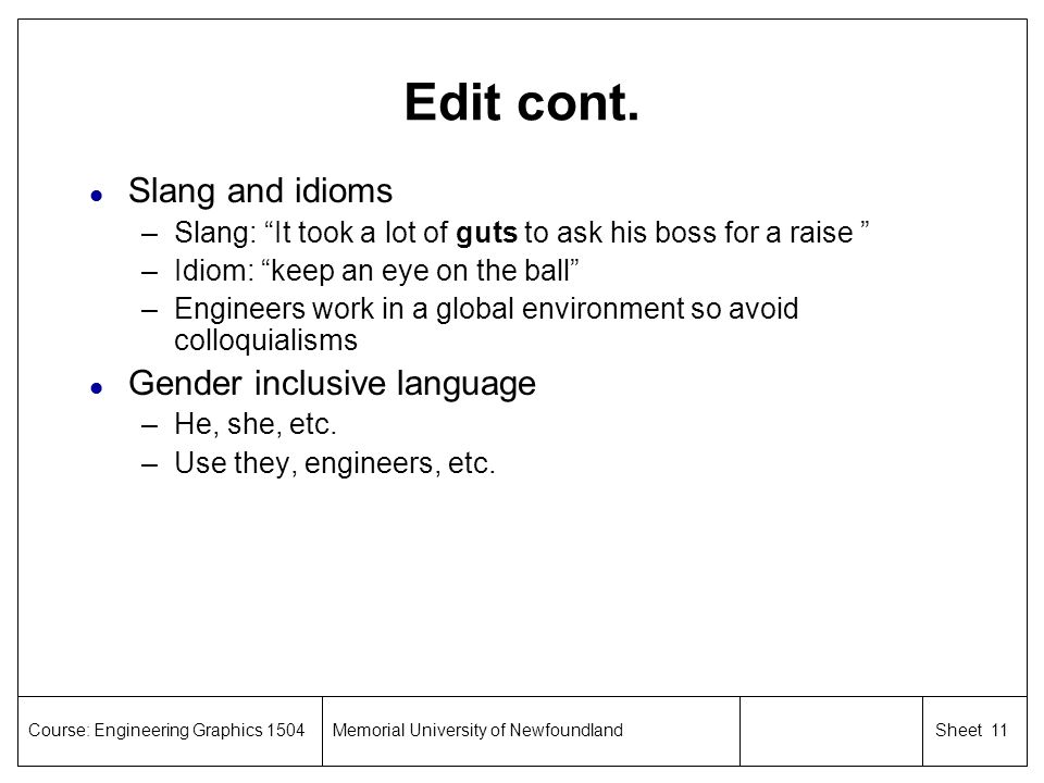Edit cont. Slang and idioms Gender inclusive language