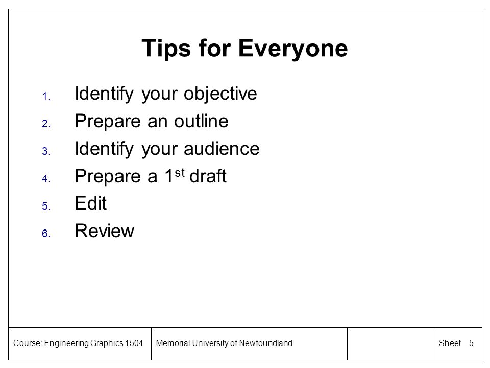 Tips for Everyone Identify your objective Prepare an outline