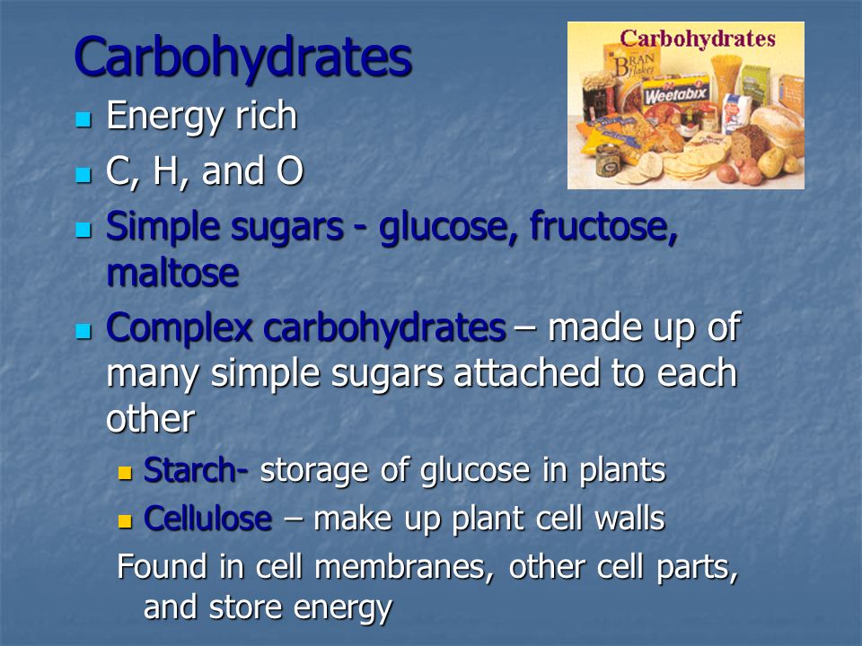 Carbohydrates Energy rich C, H, and O